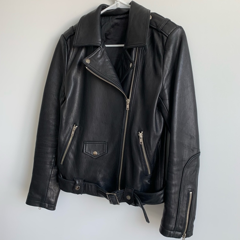 Moto jacket, Italian sheep skin, size small-to-medium fit.